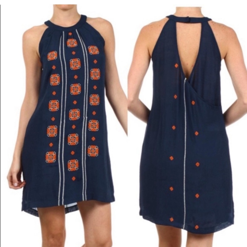 THML Navy Blue Shift Dress with Orange Embroidery